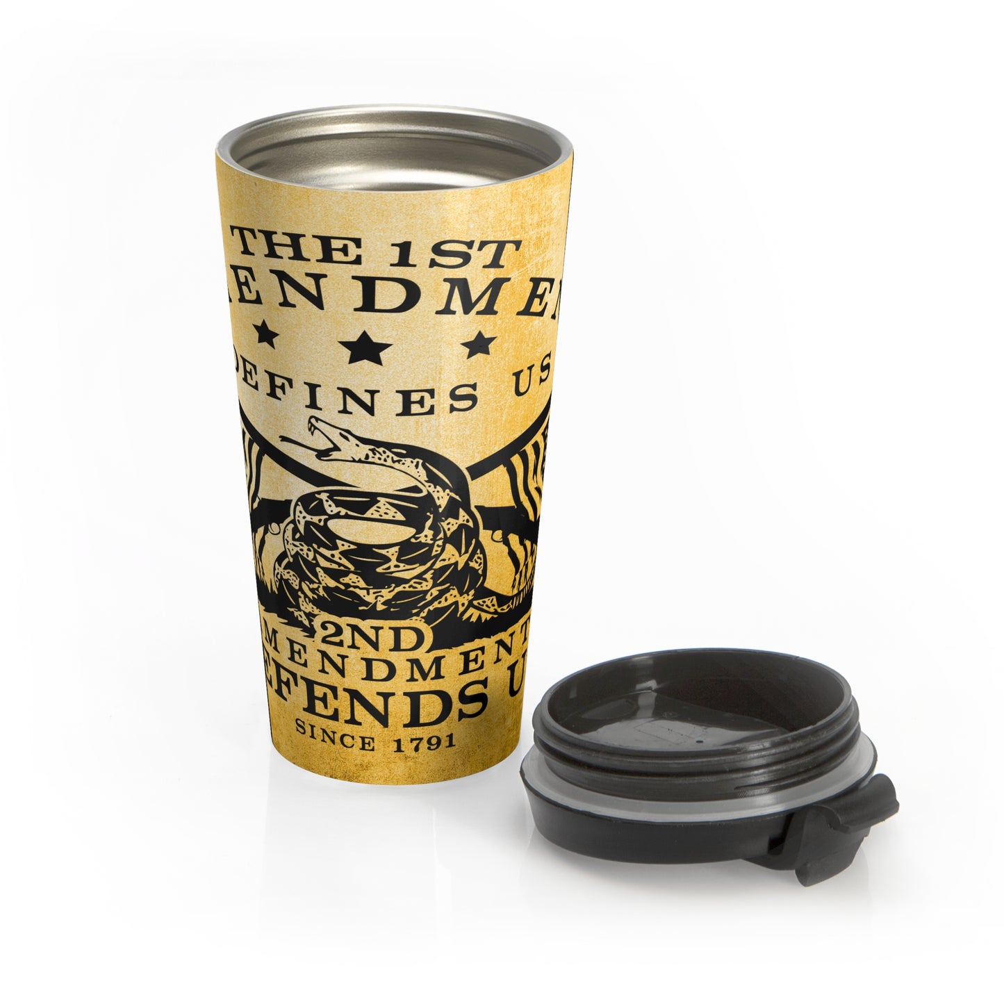 The First Amendment Defines Us, The Second Defends Us, 15oz Stainless Steel Travel Mug, Patriotic Tumbler, 2nd Amendment - Old Glory 1776 Apparel