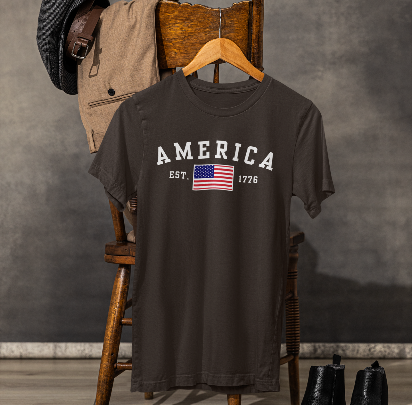 America Est 1776 Patriotic Unisex T-Shirt (White Print) Celebrate Freedom and Liberty, USA Tee, Independence Day Shirt - Old Glory 1776 Apparel
