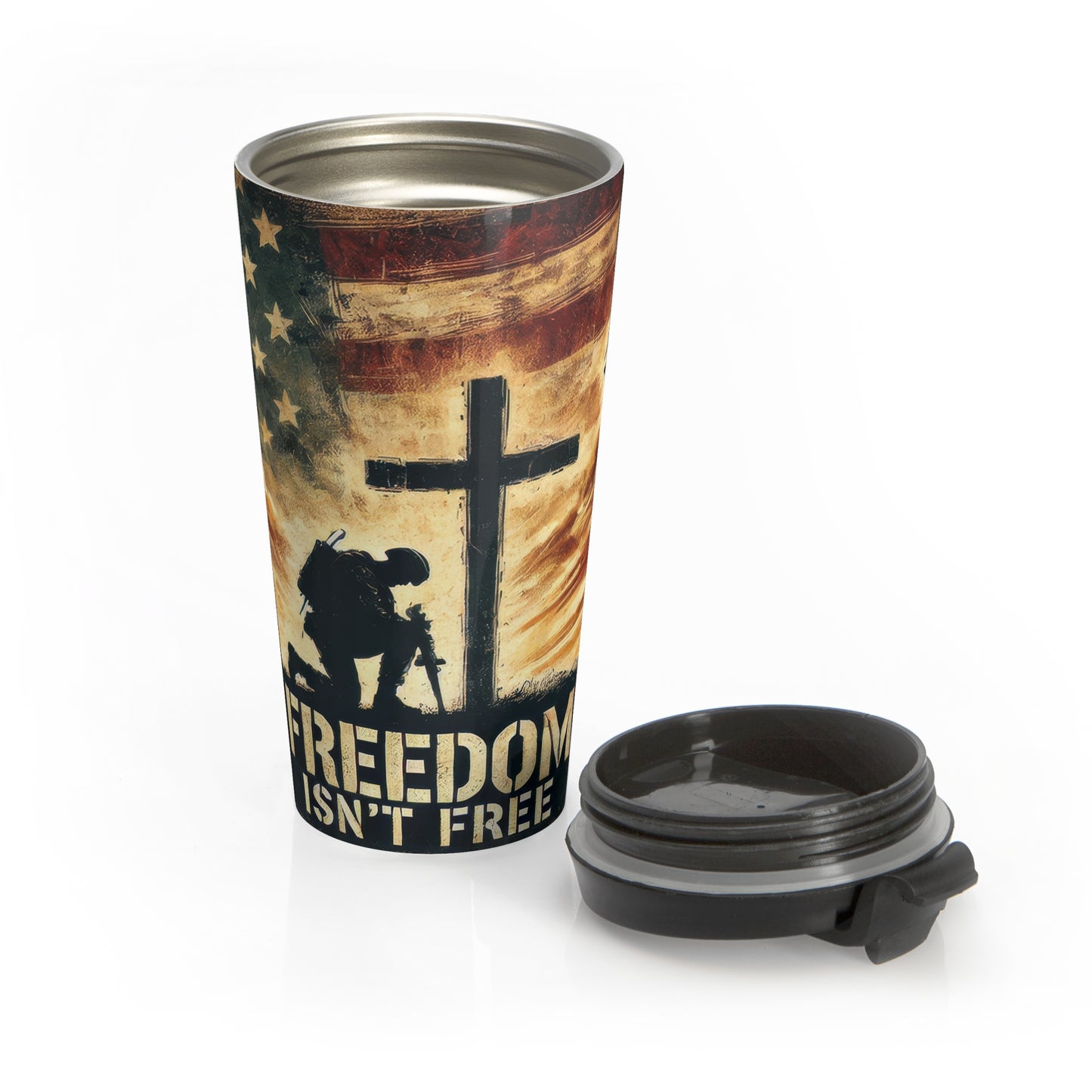 Patriotic Stainless Steel Travel Mug - 'Freedom Isn't Free' Design for Veterans and Military Support