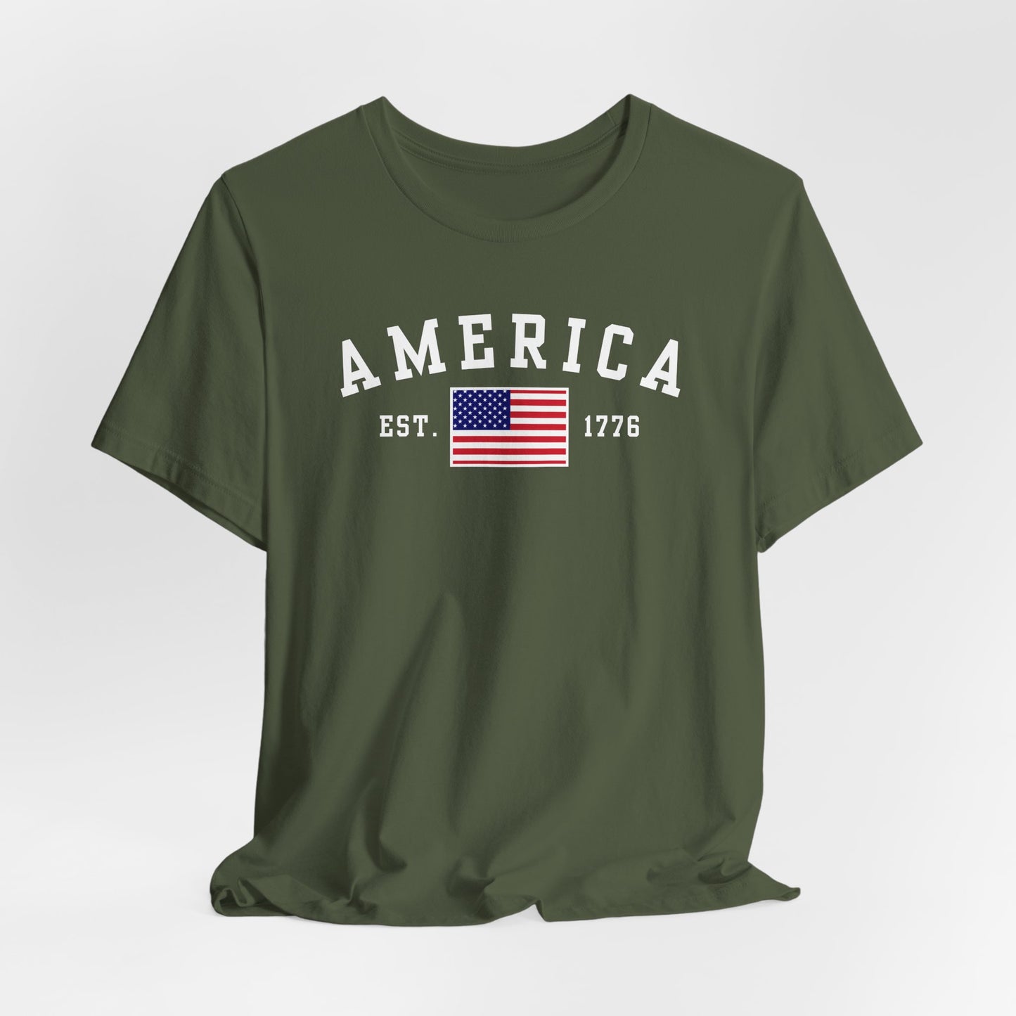 America Est 1776 Patriotic Unisex T-Shirt (White Print) Celebrate Freedom and Liberty, USA Tee, Independence Day Shirt - Old Glory 1776 Apparel