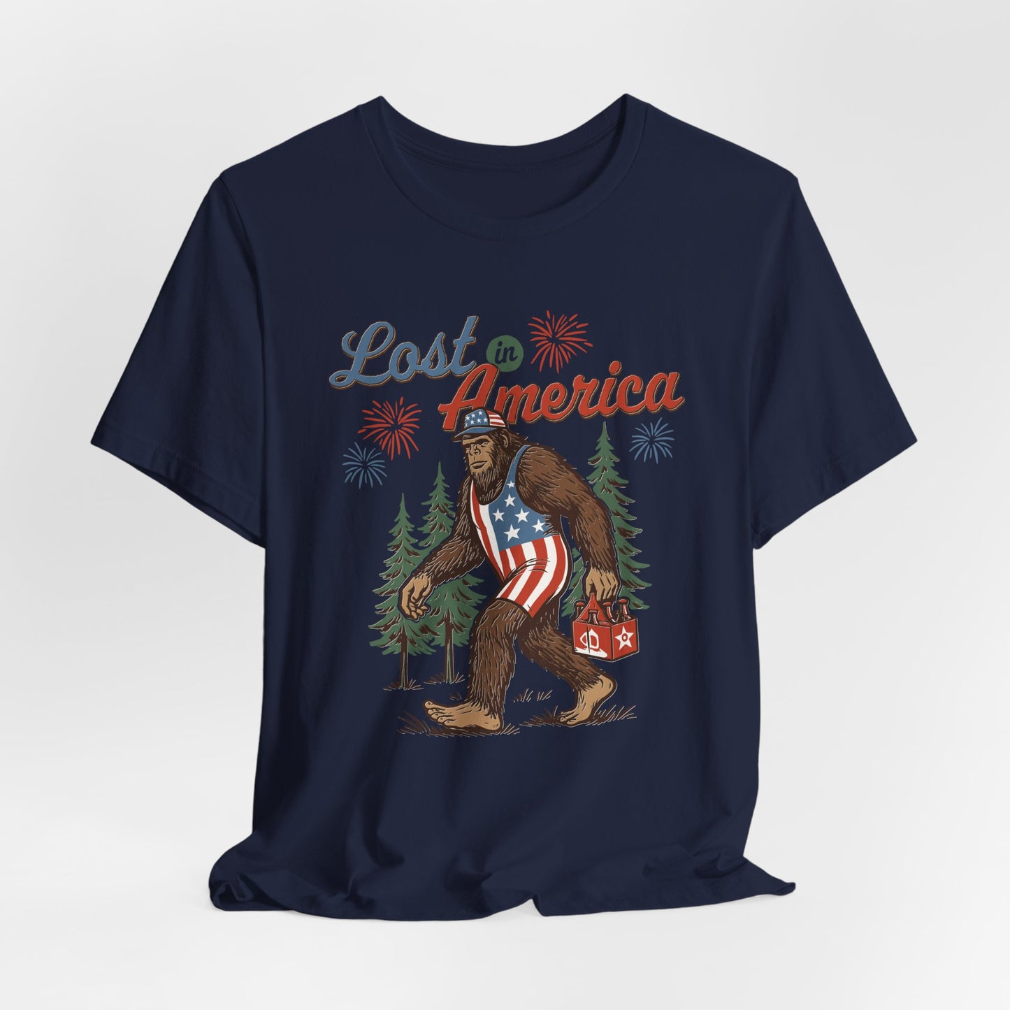 Lost in America Bigfoot Tee, Casual Summer Shirt, Outdoor Adventure Tee, Fun Gift for Nature Lovers, Festival Outfit, Patriotic Apparel - Old Glory 1776 Apparel