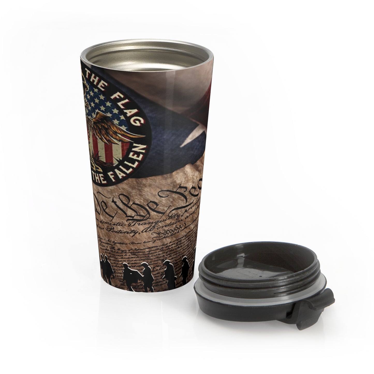 Stand For The Flag, Kneel For The Fallen 15oz Stainless Steel Travel Tumbler, Military Support Coffee Cup - Old Glory 1776 Apparel