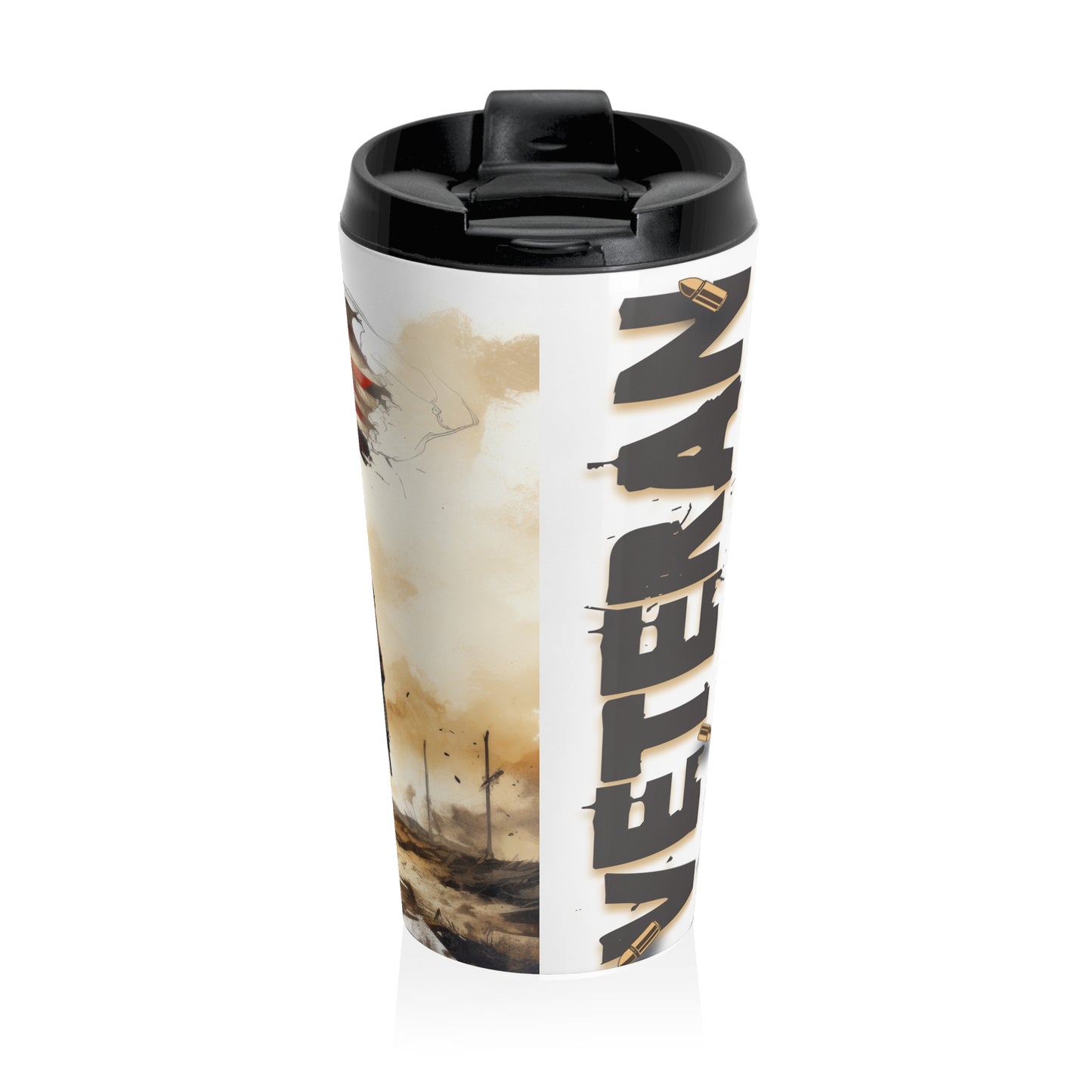 Veteran W/ Flag, 15oz Travel Mug, American Flag Stainless Steel Tumbler, Military Support Coffee Cup, Veteran Gift Idea - Old Glory 1776 Apparel