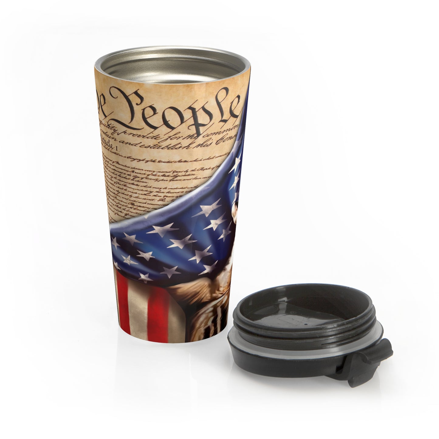 We The People, peeled back flag Patriotic 15oz Steel Travel Mug, Fourth of July Celebrations, Freedom and Liberty - Old Glory 1776 Apparel