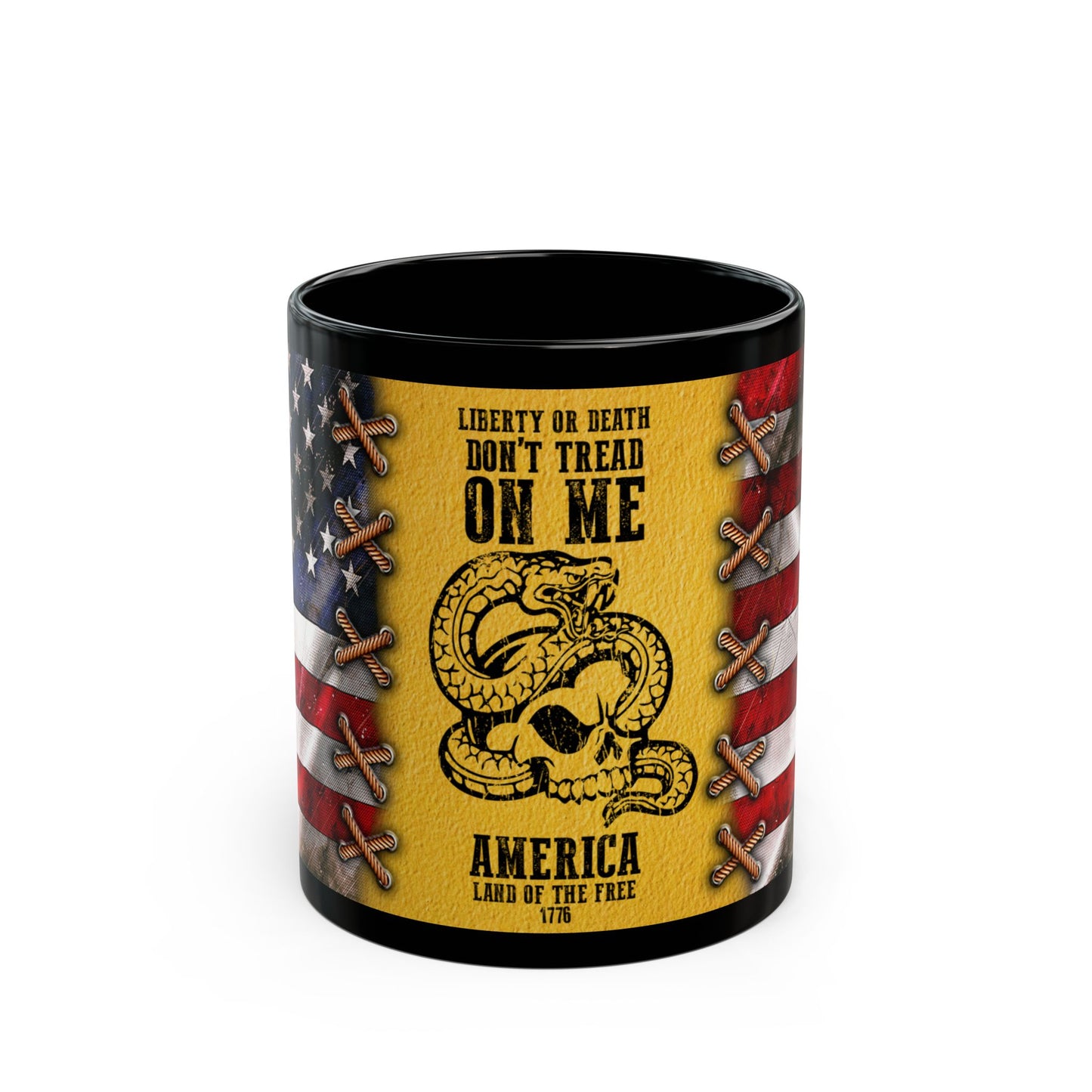 Patriotic Gadsden Flag Mug – Yellow Don’t Tread On Me Rattlesnake Design – 1776 Liberty or Death – 11oz & 15oz