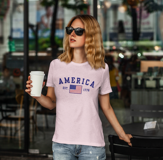 America Est 1776 Patriotic Unisex T-Shirt (Blue Print) Celebrate Freedom and Liberty, Independence Day Shirt - Old Glory 1776 Apparel
