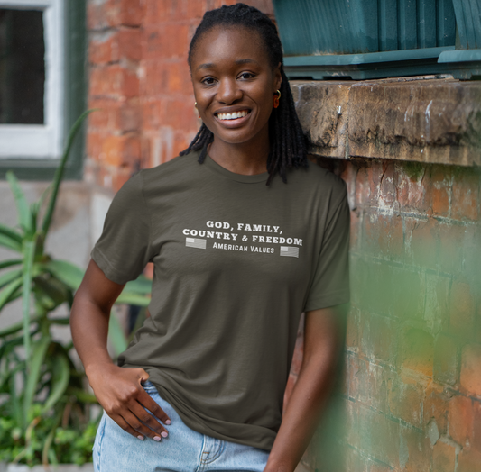 God, Family, Country & Freedom Unisex Tee - Patriotic Shirt, American Pride Tshirt, USA Patriotic Apparel, Independence Day Tee, Memorial - Old Glory 1776 Apparel