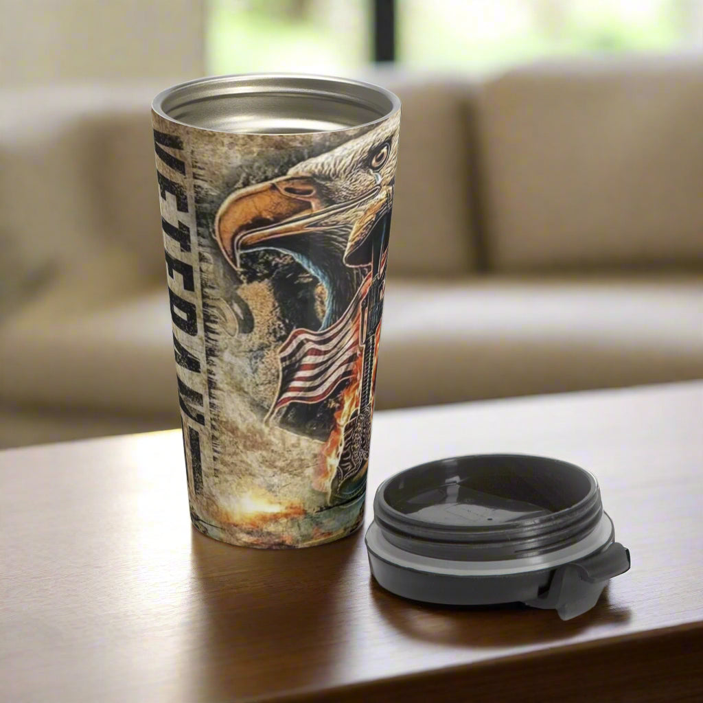 Veteran W/ Eagle Travel Mug, American Flag Stainless Steel Tumbler, Military Support Coffee Cup, Veteran Gift Idea - Old Glory 1776 Apparel