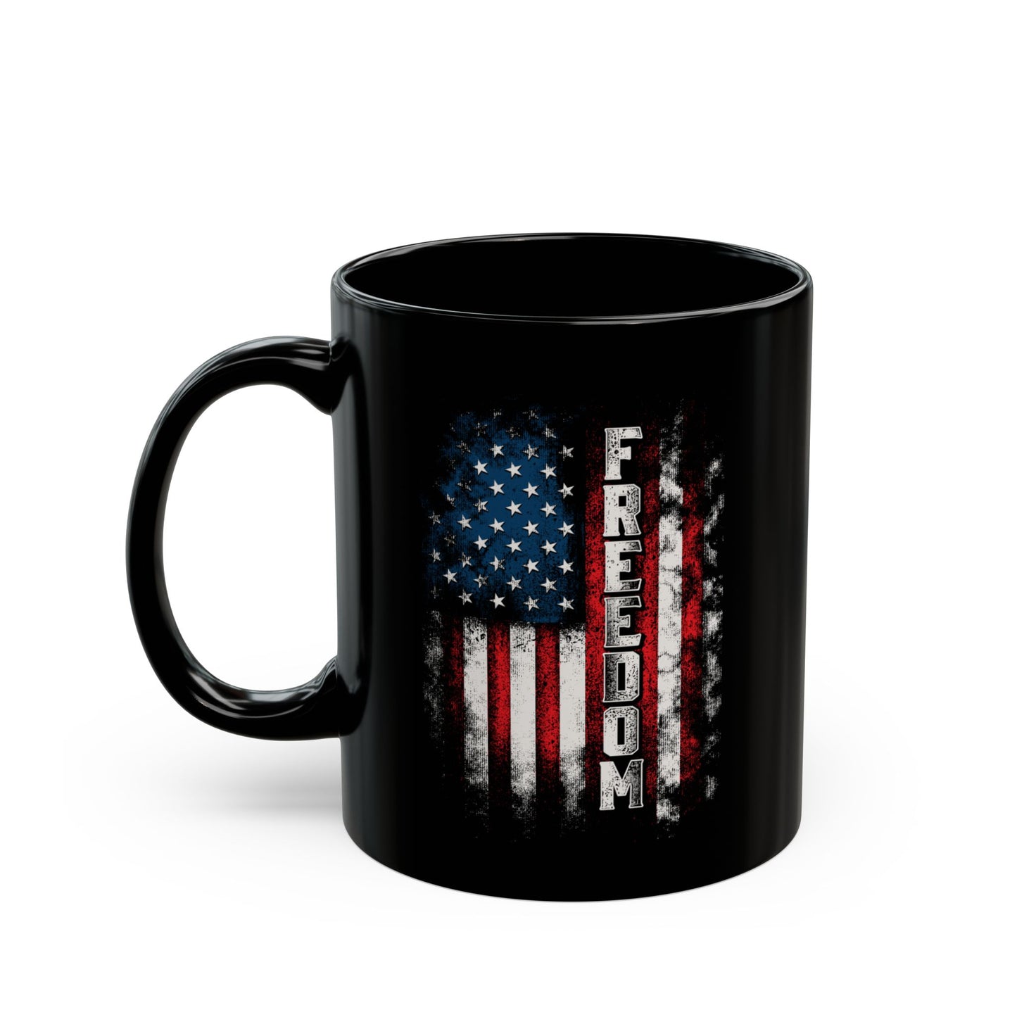 Bold FREEDOM USA Mug – 11oz/15oz Black Ceramic, American Pride