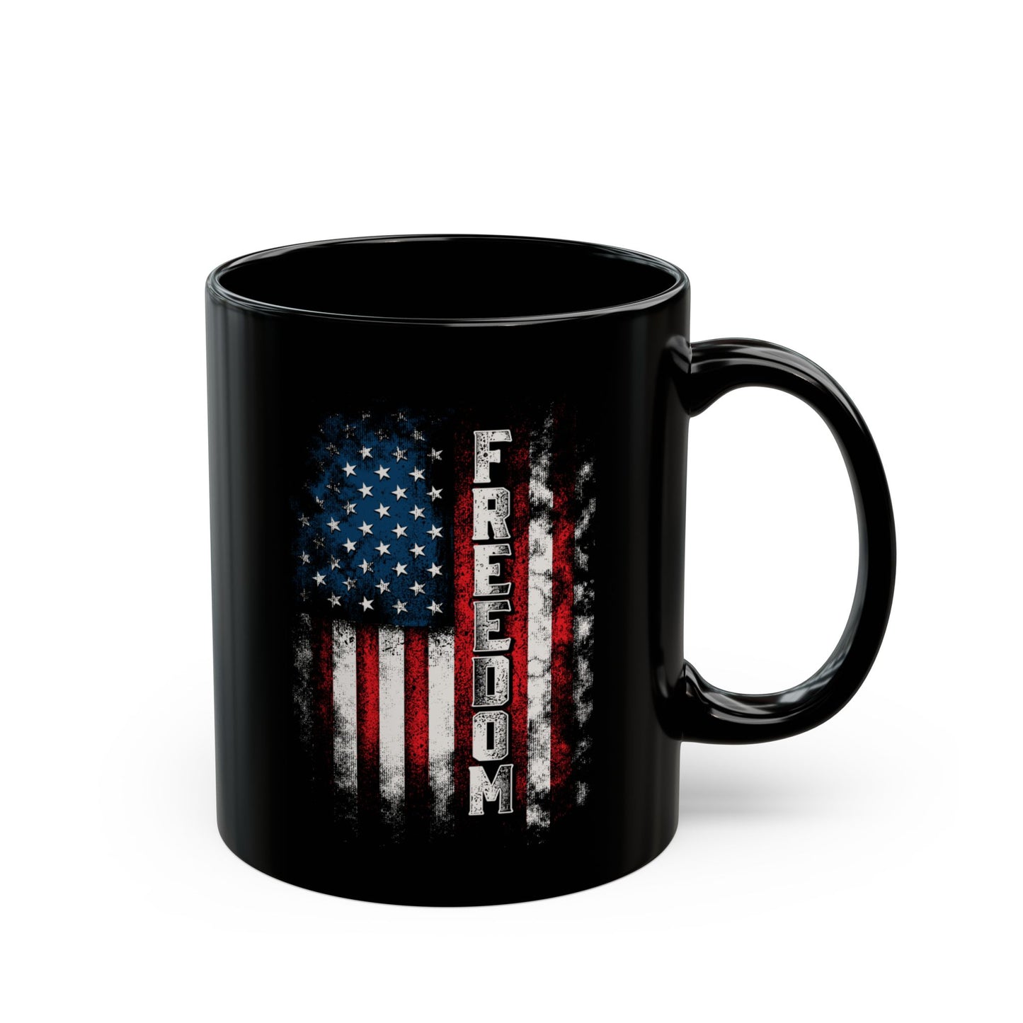 Bold FREEDOM USA Mug – 11oz/15oz Black Ceramic, American Pride