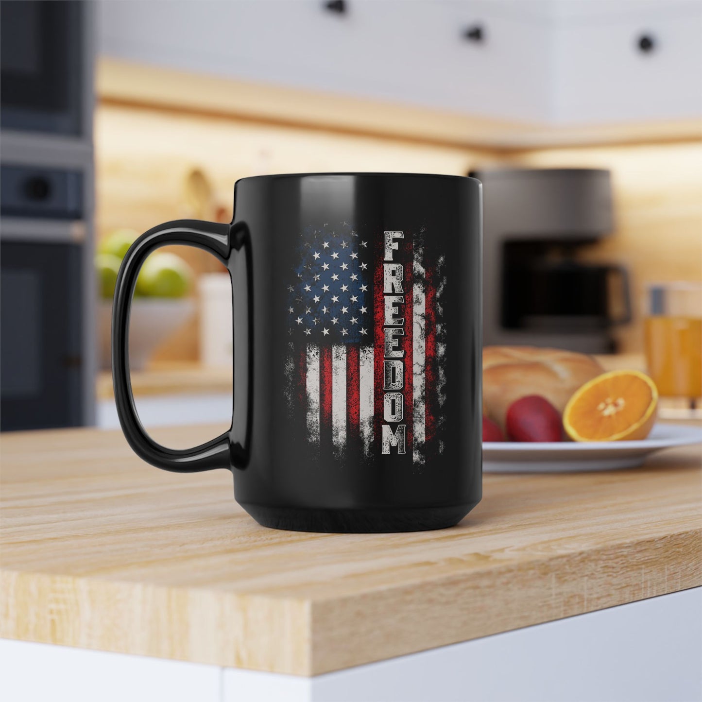 Bold FREEDOM USA Mug – 11oz/15oz Black Ceramic, American Pride