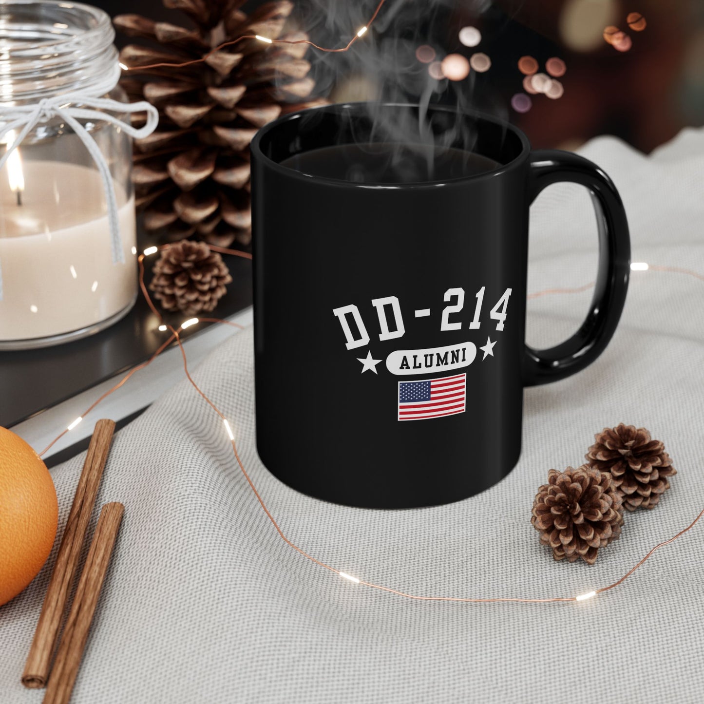 Veteran Retirement Black Mug, DD-214 Alumni Coffee Cup, 11oz & 15oz, Military Appreciation Gift, Personalized Mug, US Flag Ceramic Drinkware