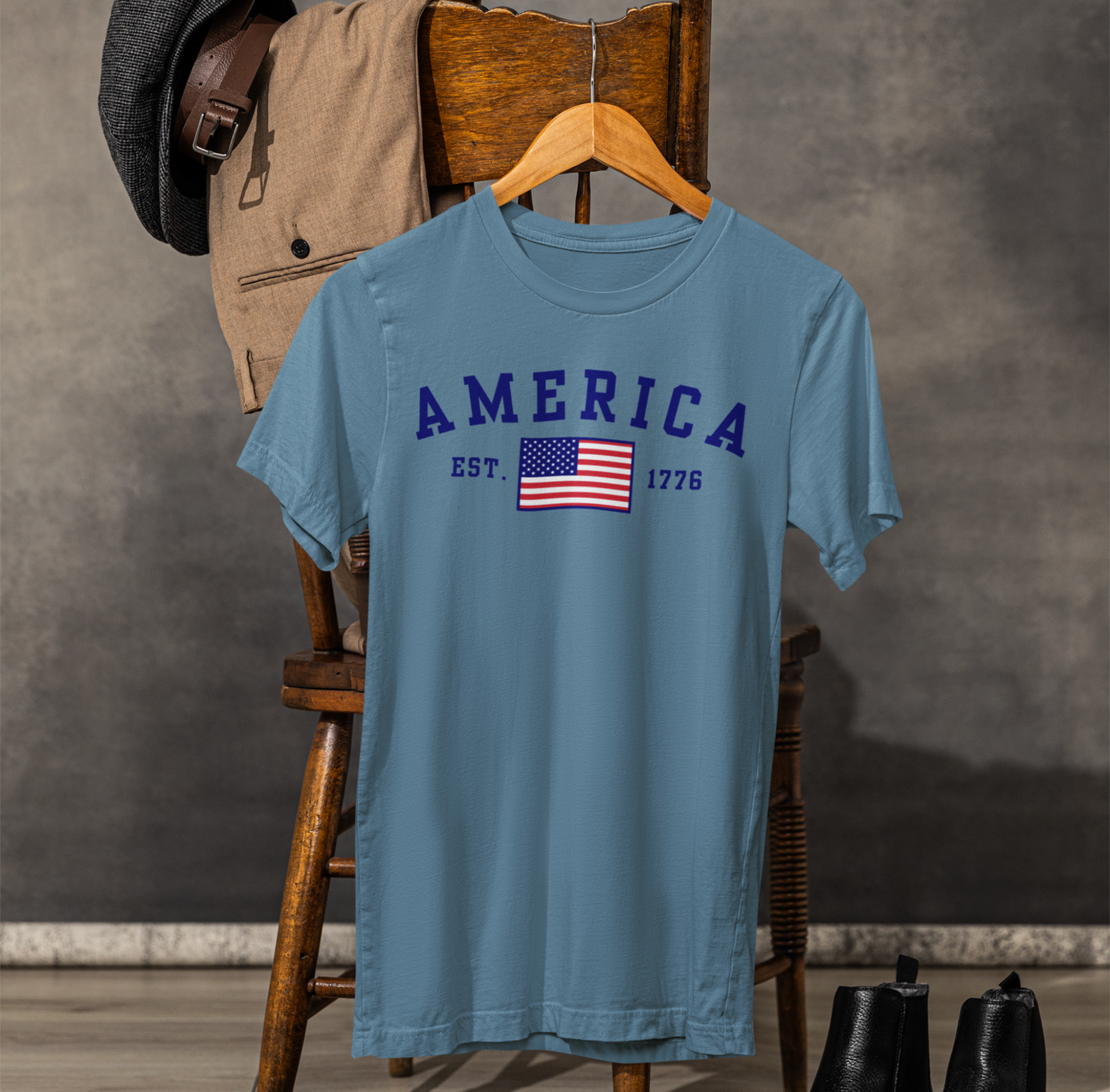 America Est 1776 Patriotic Unisex T-Shirt (Blue Print) Celebrate Freedom and Liberty, Independence Day Shirt - Old Glory 1776 Apparel