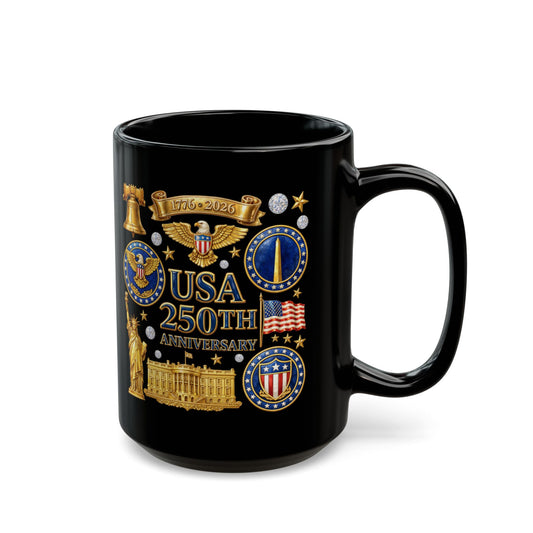 USA 250th Anniversary Black Mug — Patriotic 1776–2026 Commemorative Coffee Cup