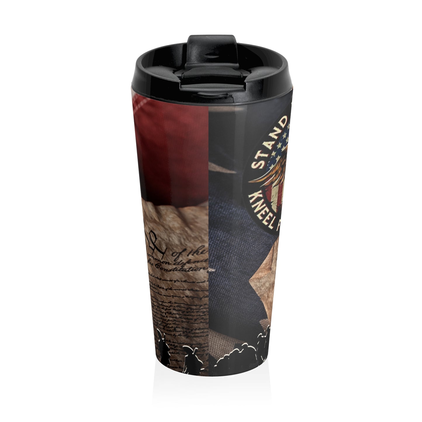 Stand For The Flag, Kneel For The Fallen 15oz Stainless Steel Travel Tumbler, Military Support Coffee Cup - Old Glory 1776 Apparel