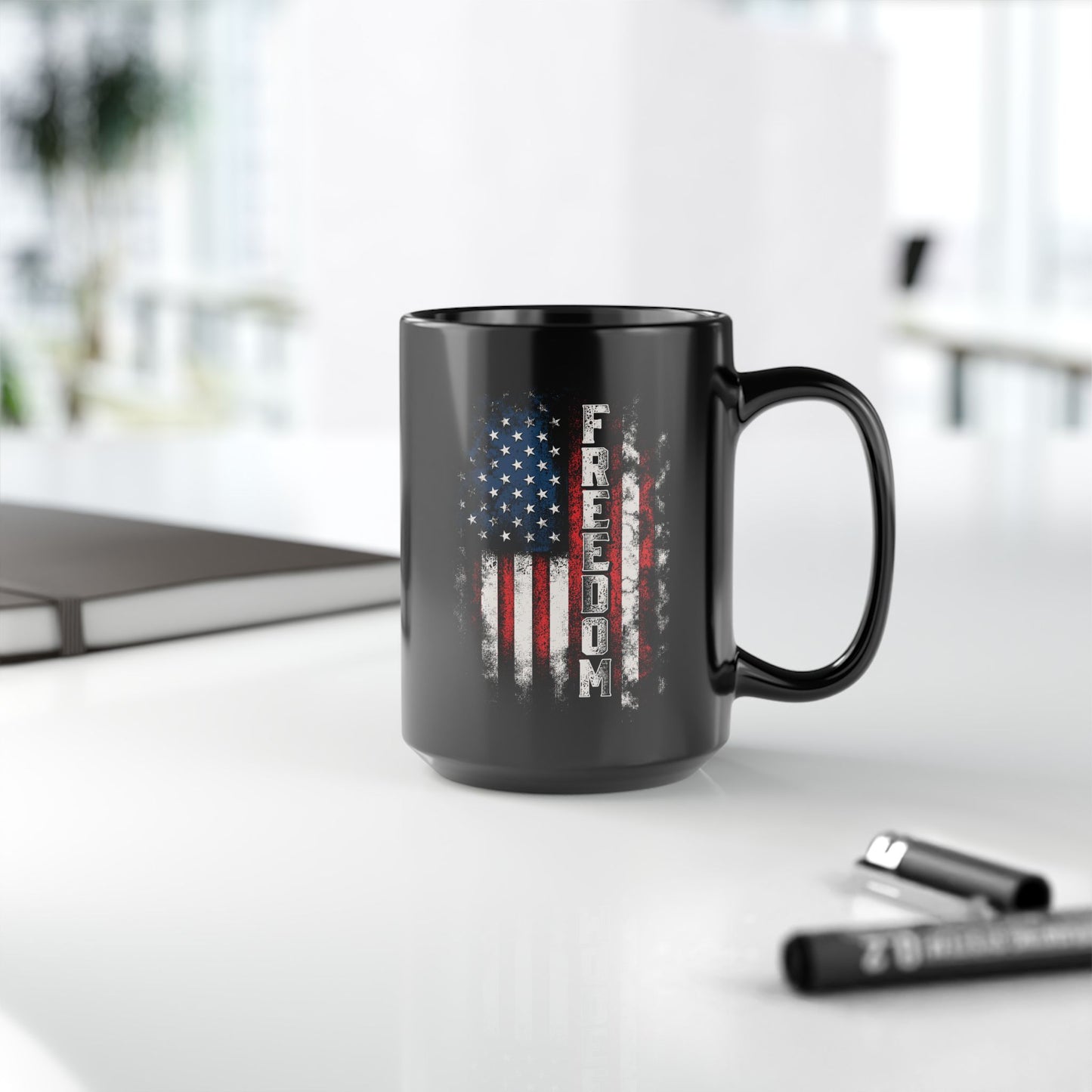 Bold FREEDOM USA Mug – 11oz/15oz Black Ceramic, American Pride