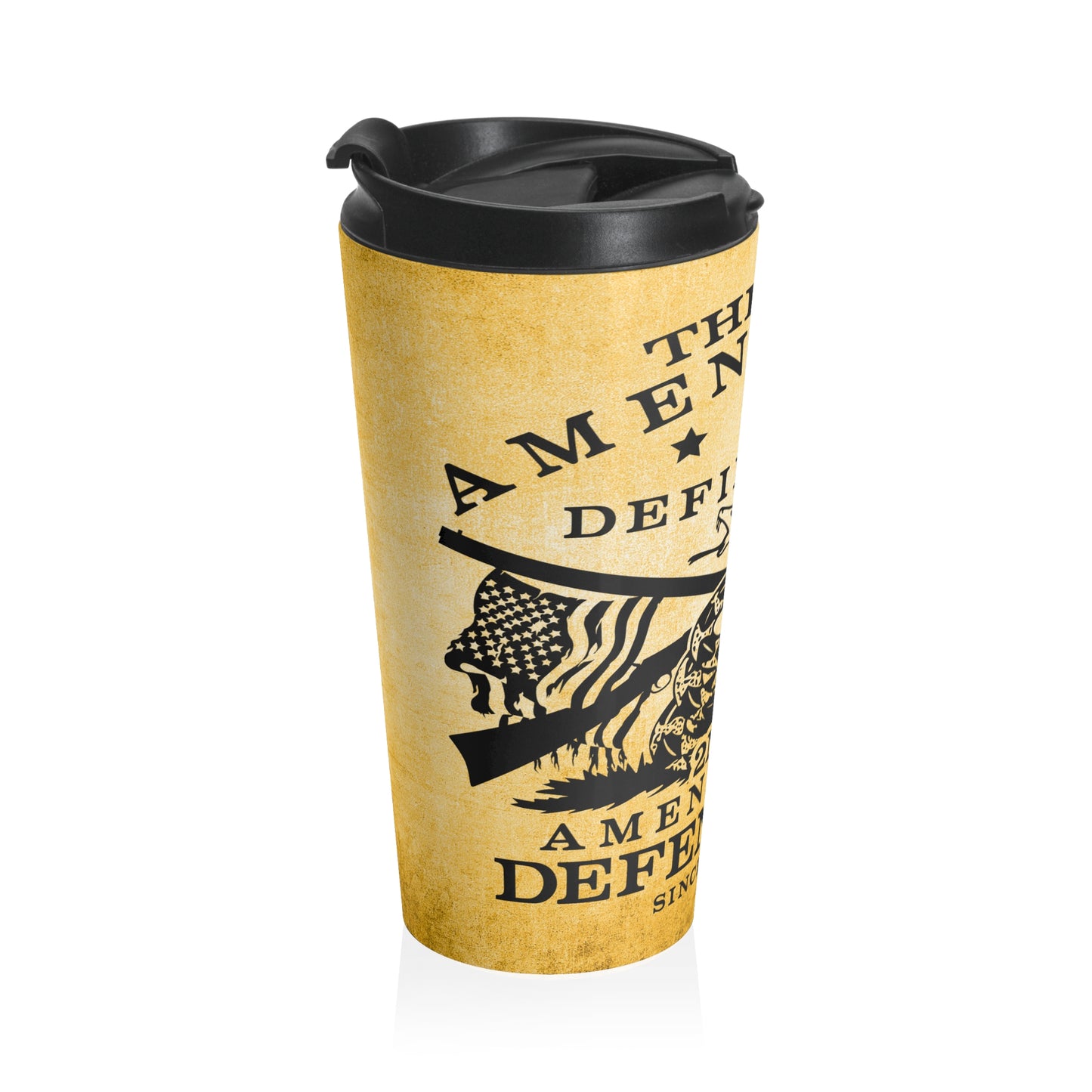 The First Amendment Defines Us, The Second Defends Us, 15oz Stainless Steel Travel Mug, Patriotic Tumbler, 2nd Amendment - Old Glory 1776 Apparel