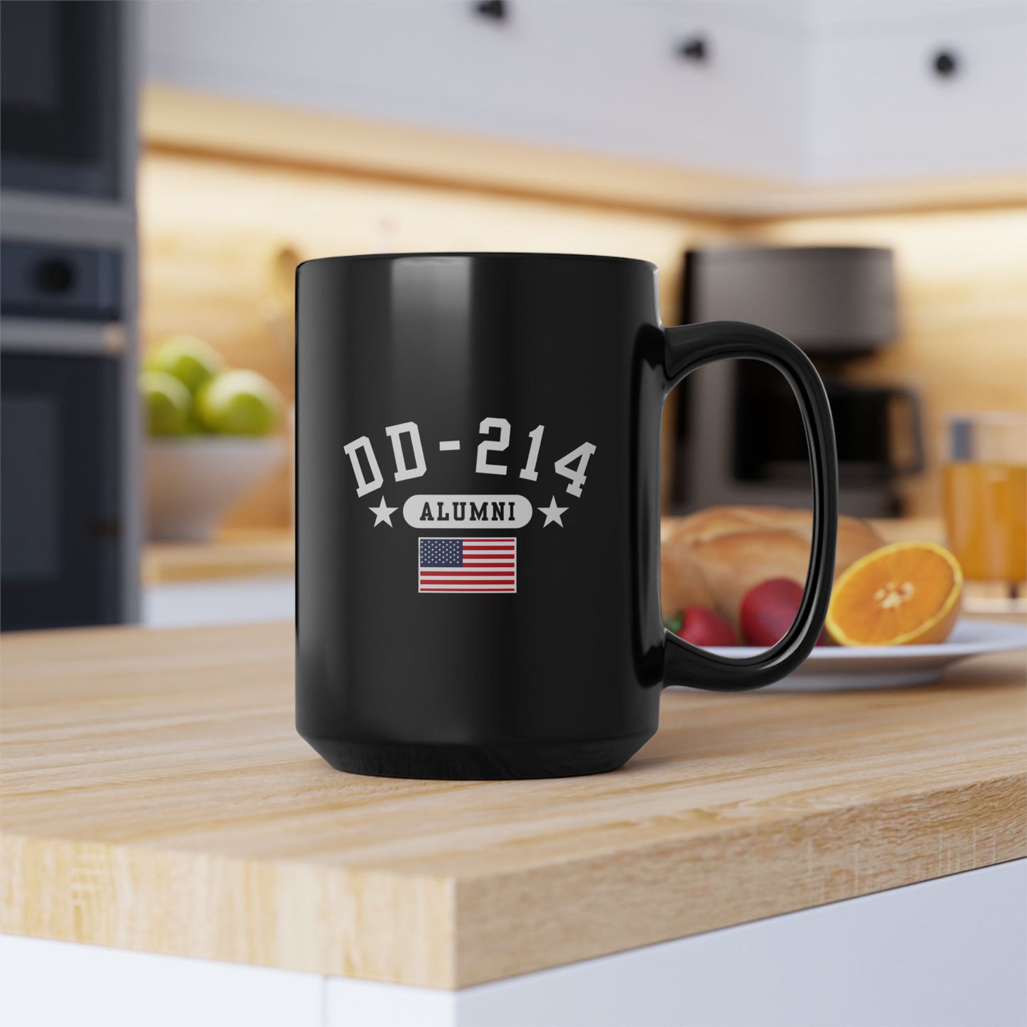 Veteran Retirement Black Mug, DD-214 Alumni Coffee Cup, 11oz & 15oz, Military Appreciation Gift, Personalized Mug, US Flag Ceramic Drinkware