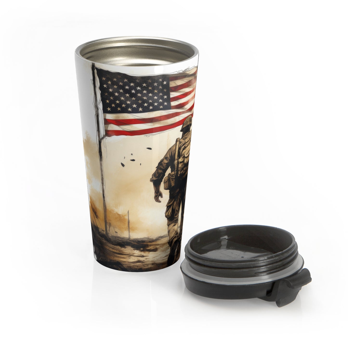 Veteran W/ Flag, 15oz Travel Mug, American Flag Stainless Steel Tumbler, Military Support Coffee Cup, Veteran Gift Idea - Old Glory 1776 Apparel