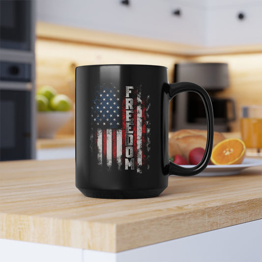 Bold FREEDOM USA Mug – 11oz/15oz Black Ceramic, American Pride
