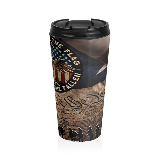 Stand For The Flag, Kneel For The Fallen 15oz Stainless Steel Travel Tumbler, Military Support Coffee Cup - Old Glory 1776 Apparel