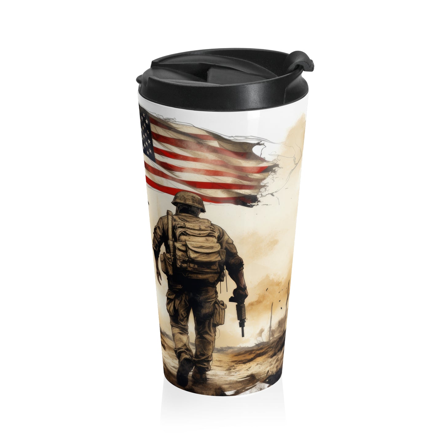 Veteran W/ Flag, 15oz Travel Mug, American Flag Stainless Steel Tumbler, Military Support Coffee Cup, Veteran Gift Idea - Old Glory 1776 Apparel