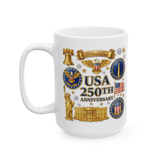 Patriotic US Symbols Ceramic Mug – Liberty Bell, Eagle & Statues 11oz/15oz