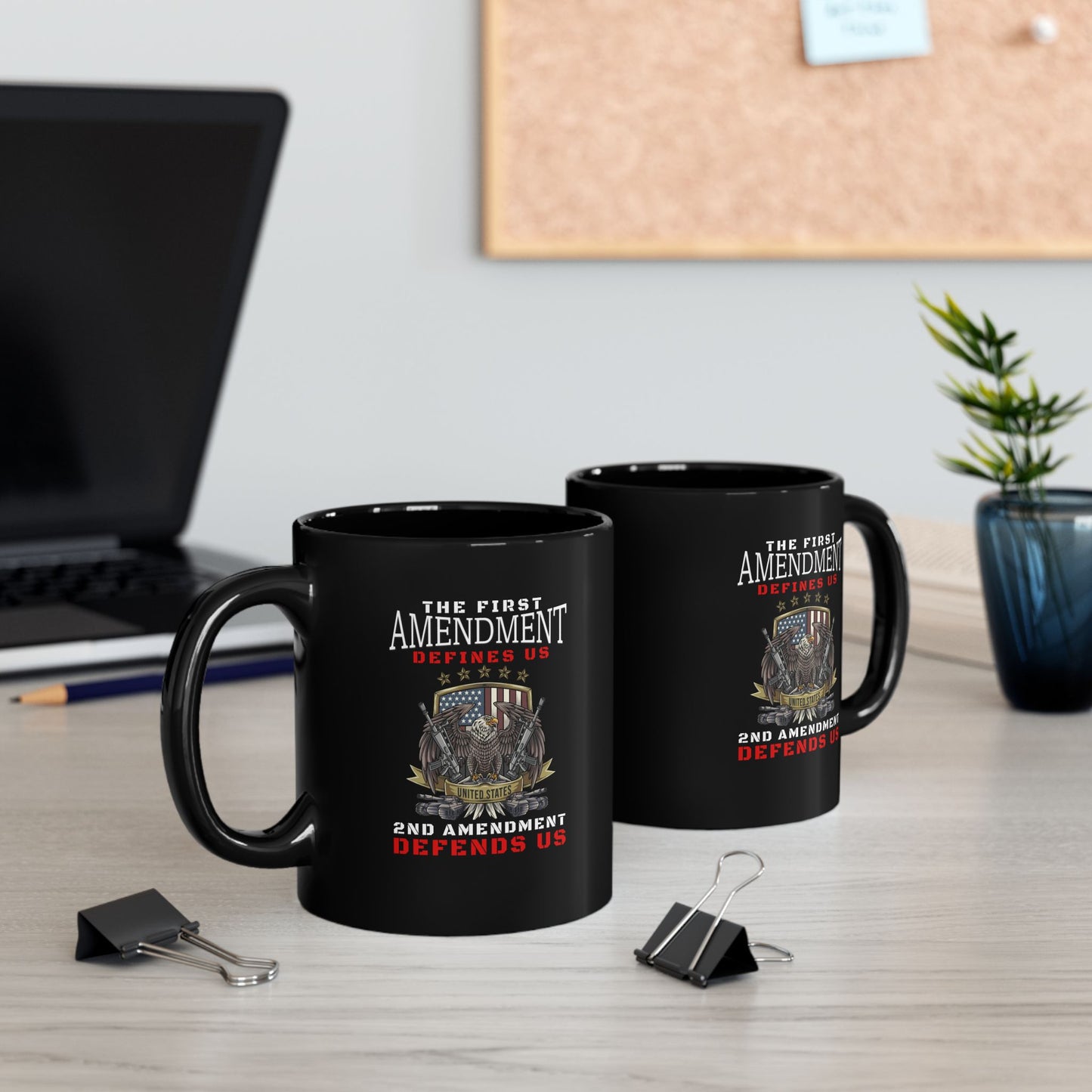 Pro-Gun Patriot Mug – First Amendment Defines, Second Defends – 11oz or 15oz Ceramic Coffee Cup – Bold American Rights Design