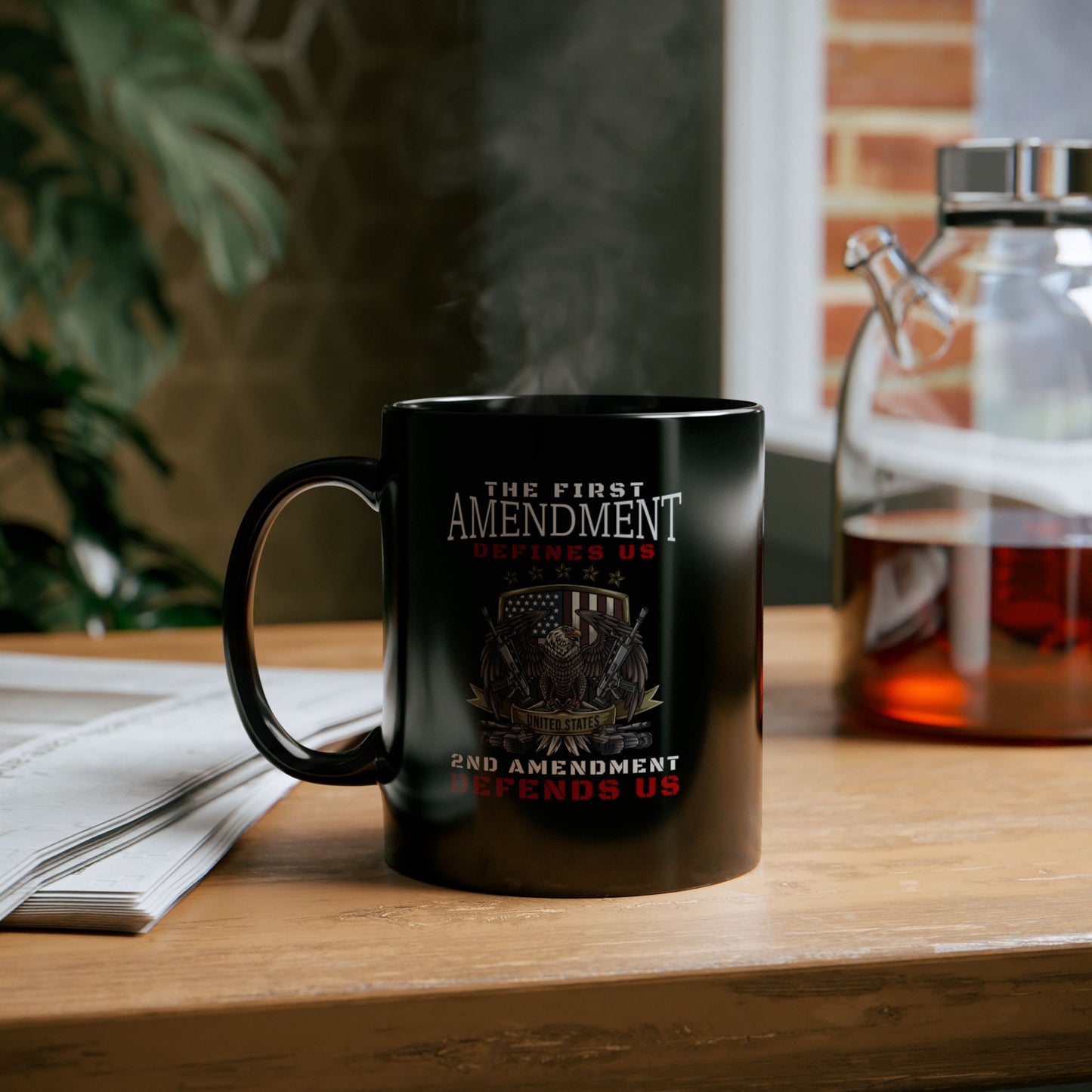 Pro-Gun Patriot Mug – First Amendment Defines, Second Defends – 11oz or 15oz Ceramic Coffee Cup – Bold American Rights Design