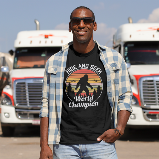 Bigfoot Hide and Seek Champion Tee, Unisex T-Shirt, Fun Gift for Kids & Adults, Retro Humor Shirt, Nature Lover Apparel, Perfect for Parties - Old Glory 1776 Apparel