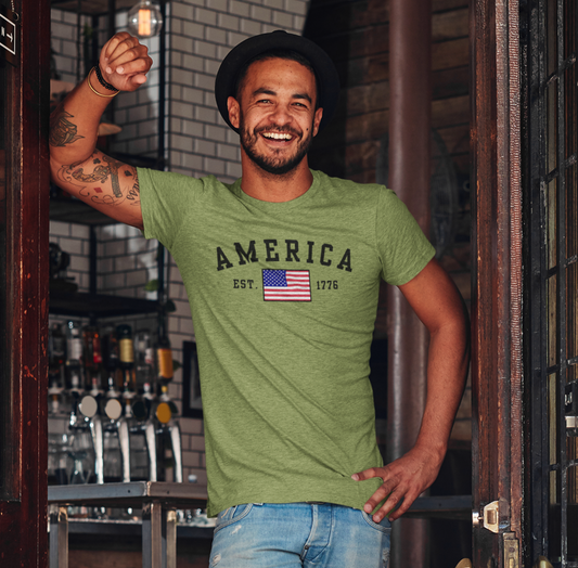 America Est 1776 Patriotic Unisex T-Shirt (Black Print) Celebrate Freedom and Liberty, Independence Day Shirt - Old Glory 1776 Apparel