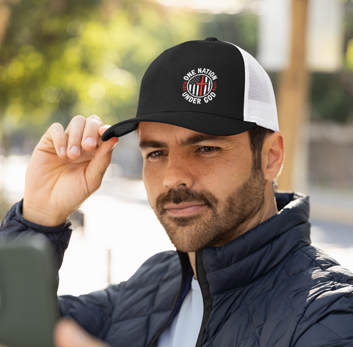 One Nation Under God - White Embroidery- Patriotic Snapback Trucker Cap - Old Glory 1776 Apparel