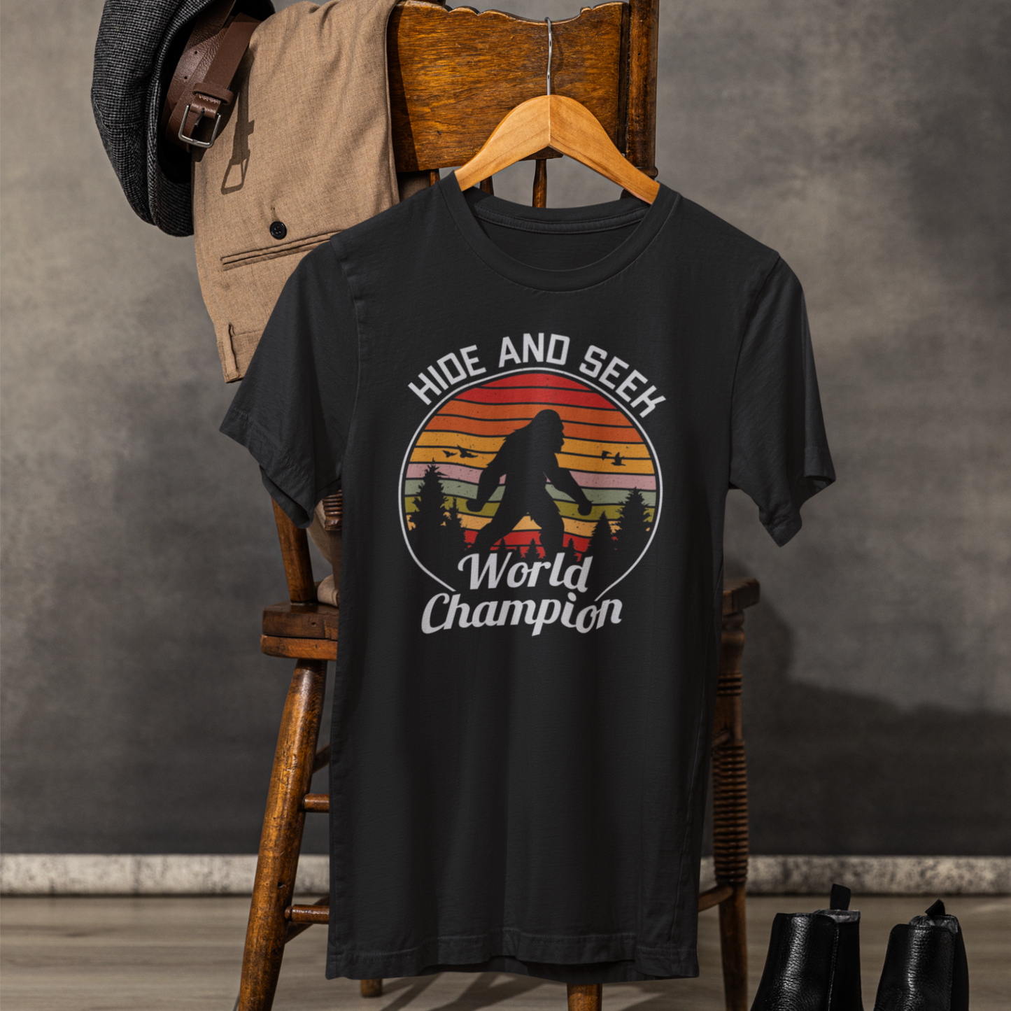 Bigfoot Hide and Seek Champion Tee, Unisex T-Shirt, Fun Gift for Kids & Adults, Retro Humor Shirt, Nature Lover Apparel, Perfect for Parties - Old Glory 1776 Apparel