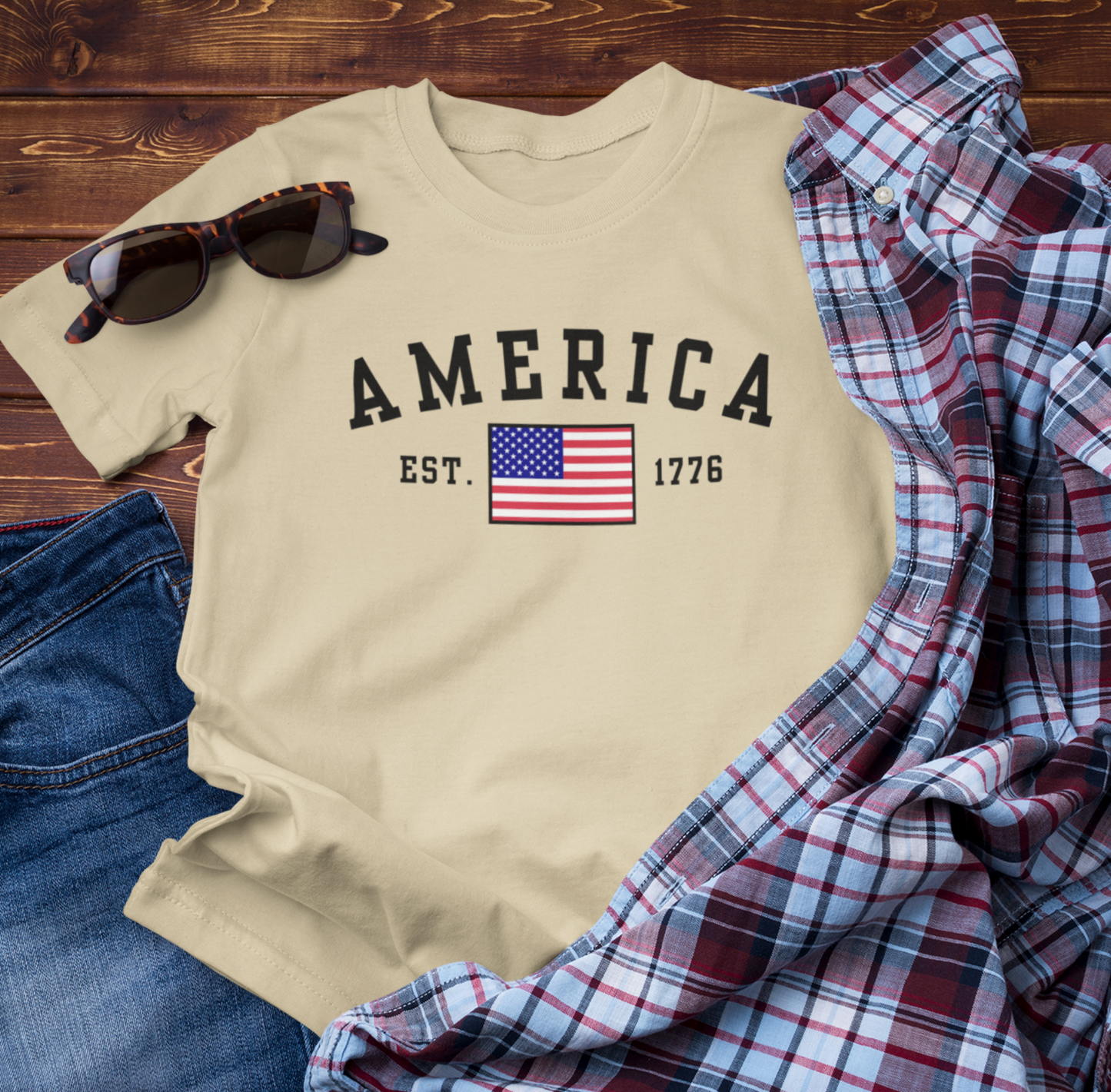 America Est 1776 Patriotic Unisex T-Shirt (Black Print) Celebrate Freedom and Liberty, Independence Day Shirt - Old Glory 1776 Apparel