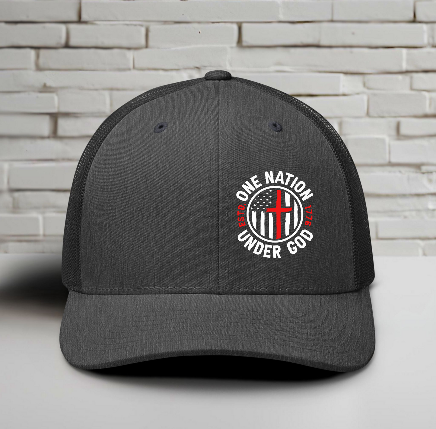 One Nation Under God - White Embroidery- Patriotic Snapback Trucker Cap - Old Glory 1776 Apparel