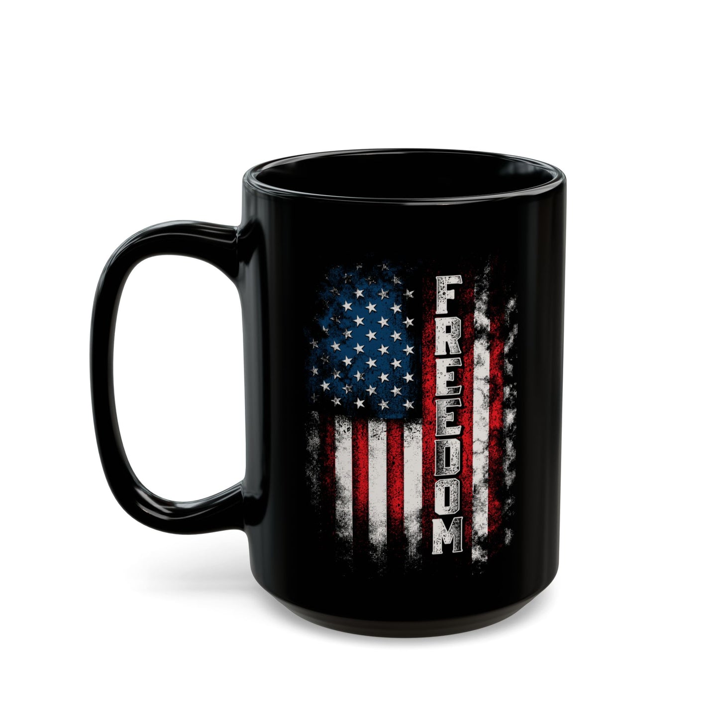 Bold FREEDOM USA Mug – 11oz/15oz Black Ceramic, American Pride