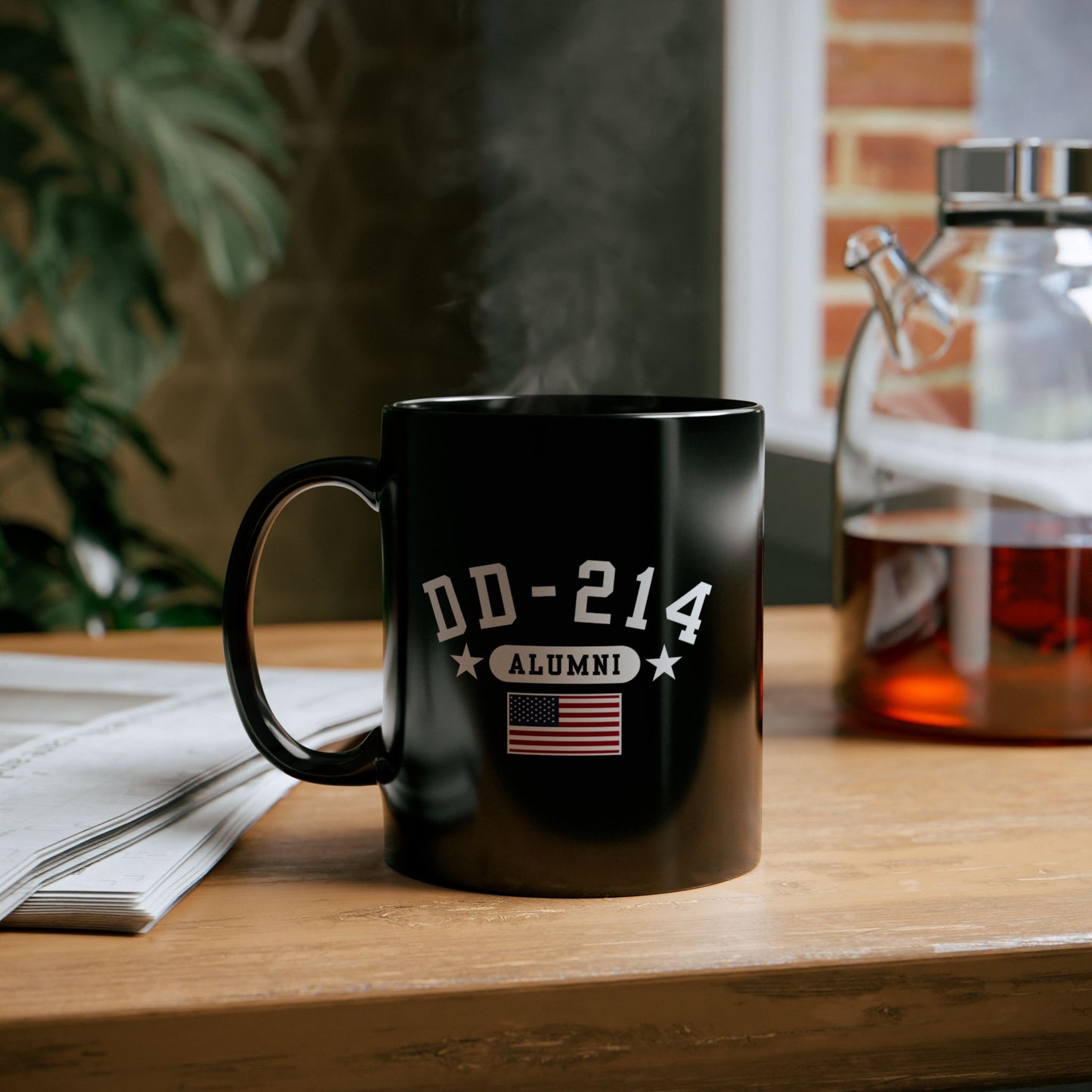 Veteran Retirement Black Mug, DD-214 Alumni Coffee Cup, 11oz & 15oz, Military Appreciation Gift, Personalized Mug, US Flag Ceramic Drinkware
