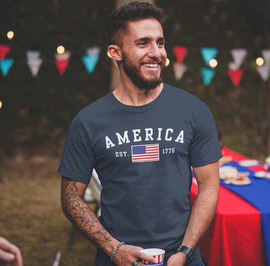 America Est 1776 Patriotic Unisex T-Shirt (White Print) Celebrate Freedom and Liberty, USA Tee, Independence Day Shirt - Old Glory 1776 Apparel