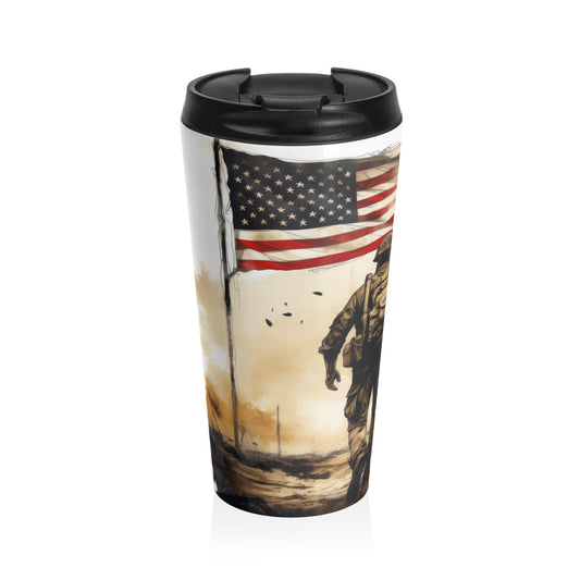 Veteran W/ Flag, 15oz Travel Mug, American Flag Stainless Steel Tumbler, Military Support Coffee Cup, Veteran Gift Idea - Old Glory 1776 Apparel