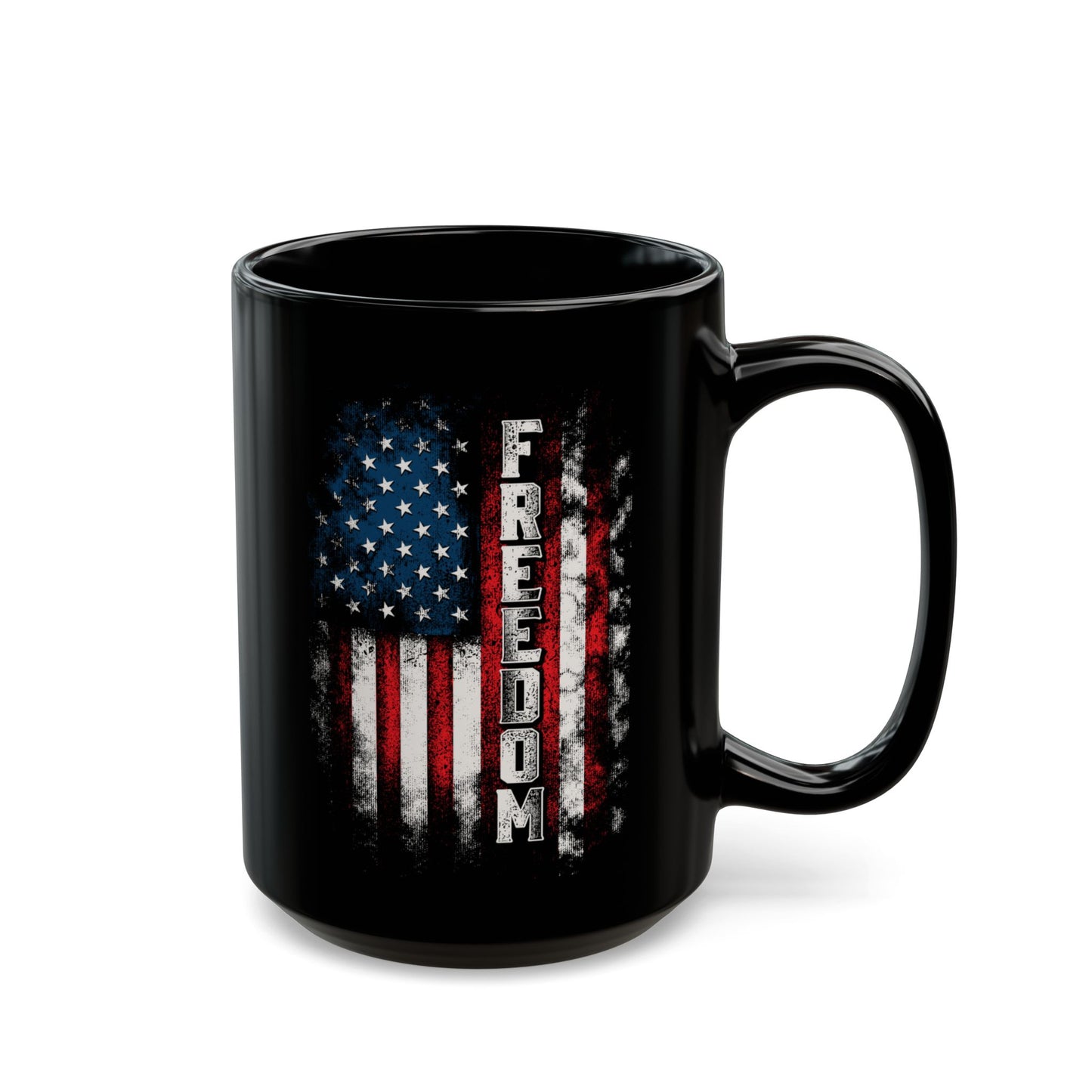 Bold FREEDOM USA Mug – 11oz/15oz Black Ceramic, American Pride