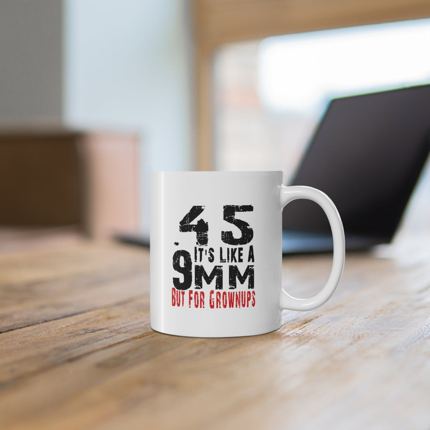 Patriotic .45 ACP Mug – Gun Rights Coffee Cup – 11oz or 15oz White Ceramic – It’s Like a 9mm But for Grownups – Veteran Gift Idea