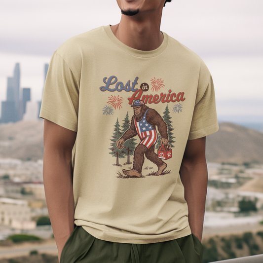 Lost in America Bigfoot Tee, Casual Summer Shirt, Outdoor Adventure Tee, Fun Gift for Nature Lovers, Festival Outfit, Patriotic Apparel - Old Glory 1776 Apparel