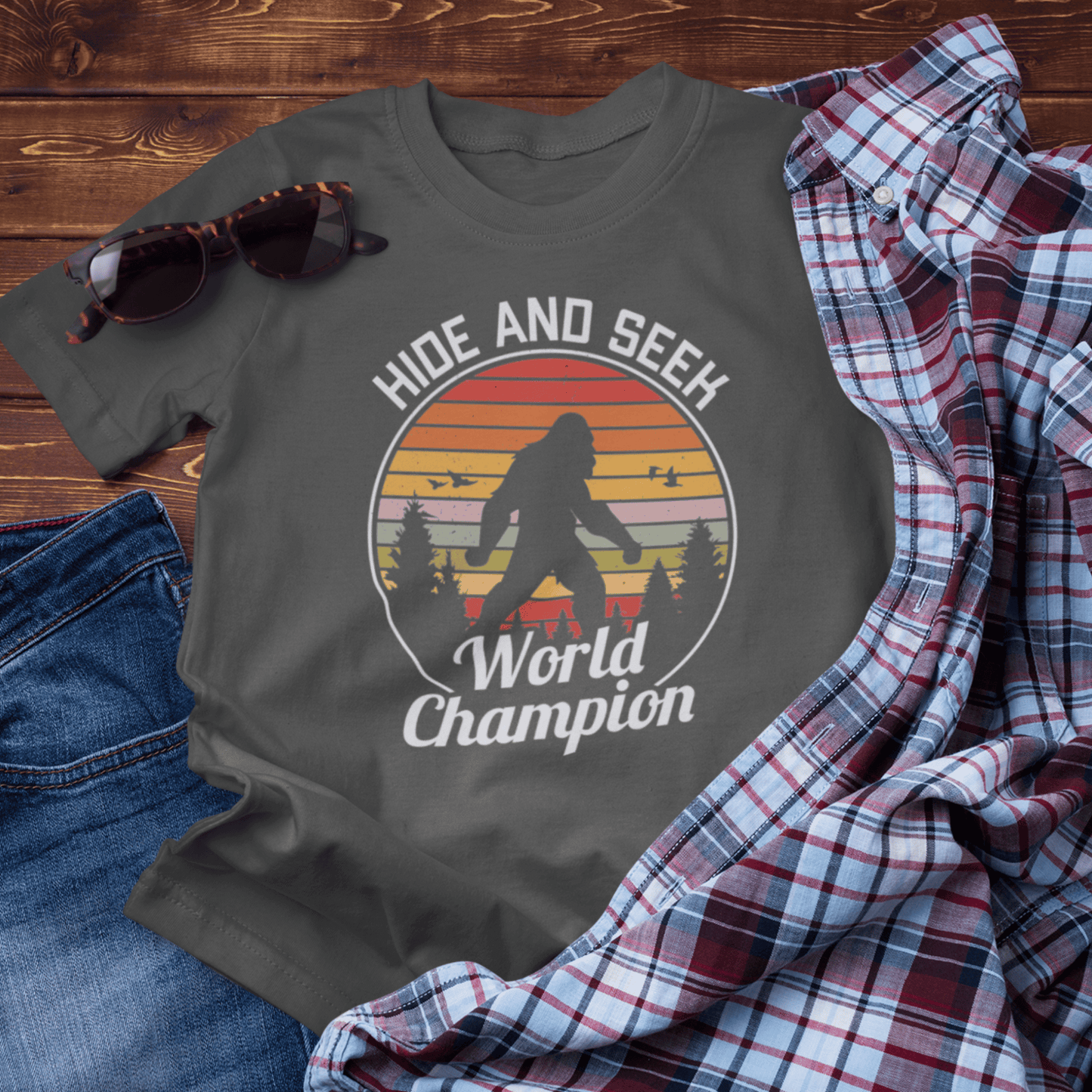 Bigfoot Hide and Seek Champion Tee, Unisex T-Shirt, Fun Gift for Kids & Adults, Retro Humor Shirt, Nature Lover Apparel, Perfect for Parties - Old Glory 1776 Apparel
