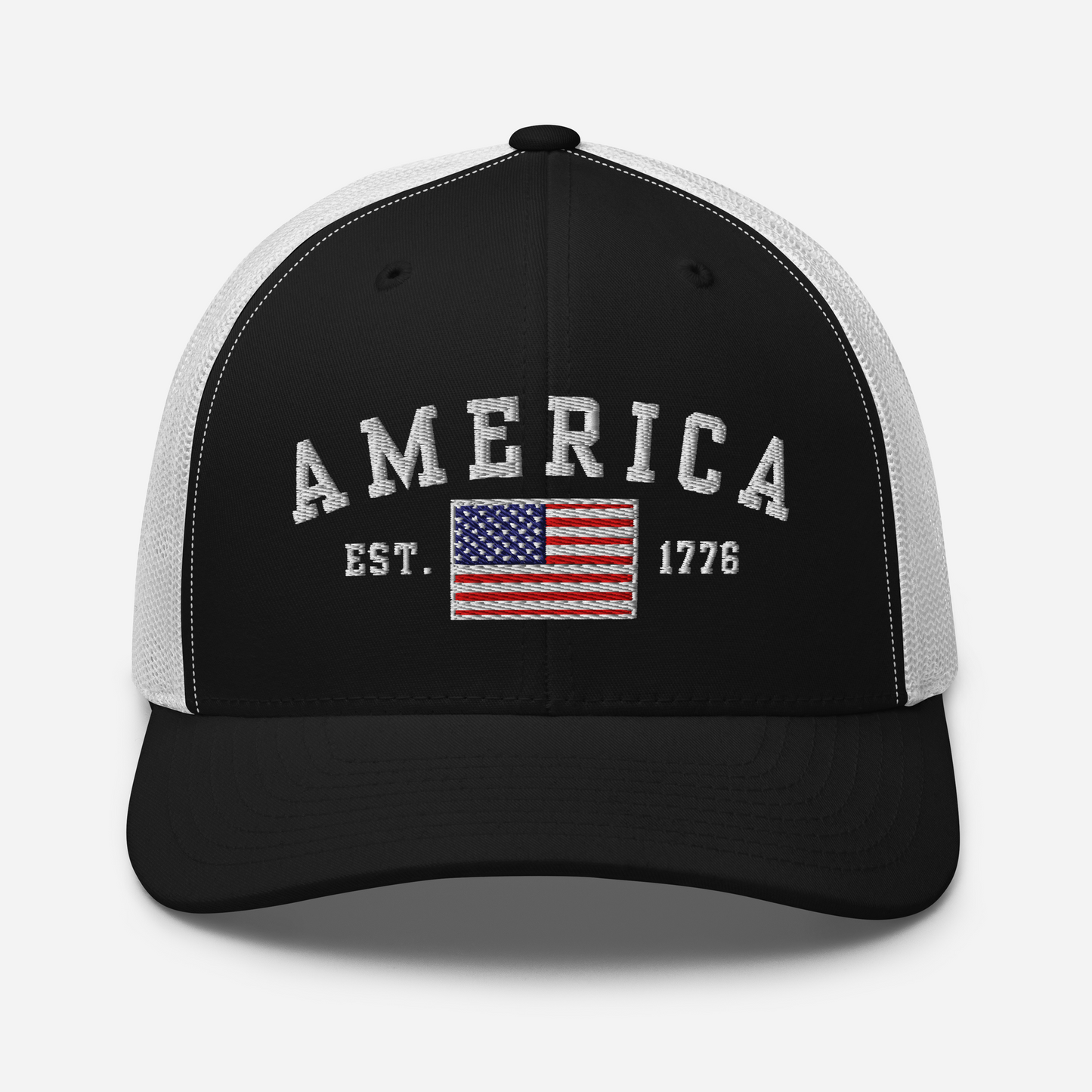 America Est. 1776 Trucker Hat – White Embroidery, Patriotic Cap for Proud Americans, Perfect Gift for Freedom Lovers - Old Glory 1776 Apparel