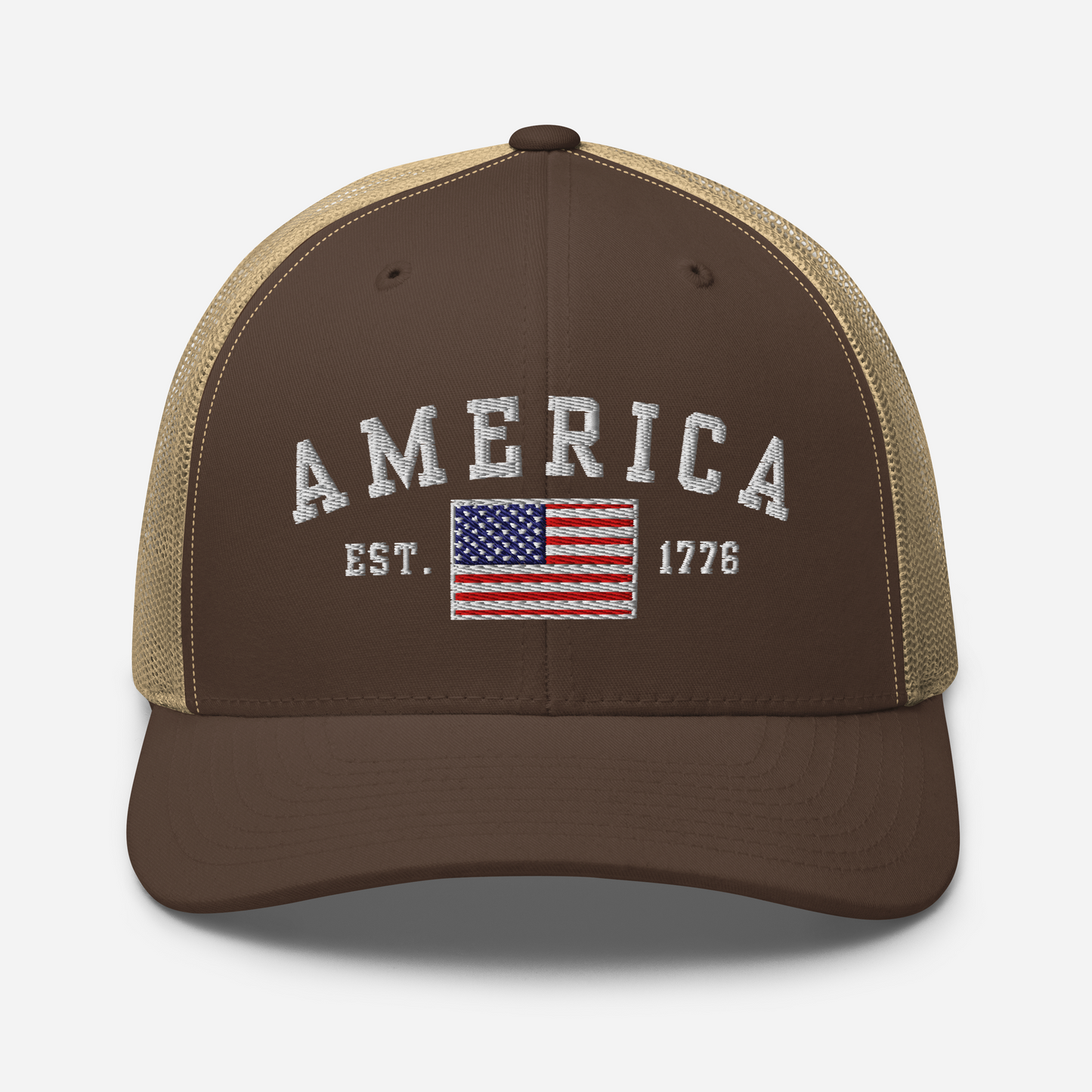 America Est. 1776 Trucker Hat – White Embroidery, Patriotic Cap for Proud Americans, Perfect Gift for Freedom Lovers - Old Glory 1776 Apparel