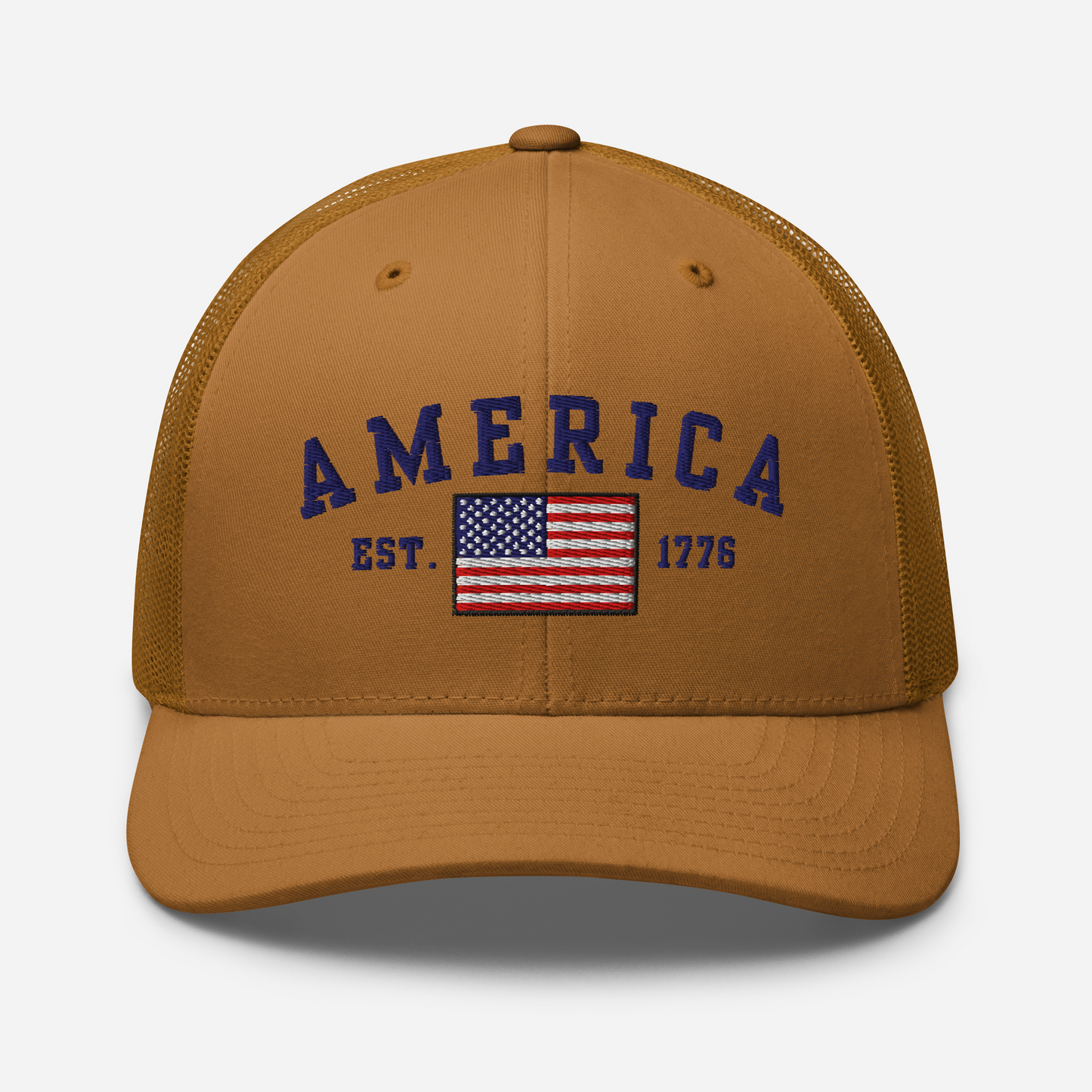 America Est. 1776 Trucker Hat – Blue Embroidery, Patriotic Cap for Proud Americans, Perfect Gift for Freedom Lovers - Old Glory 1776 Apparel