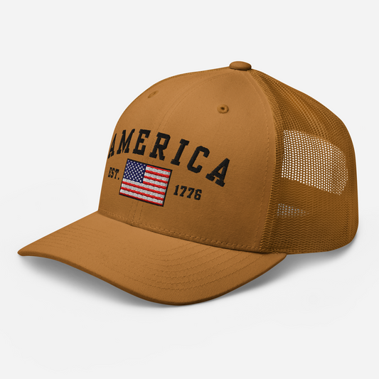 America Est. 1776 Trucker Hat – Black Embroidery, Patriotic Cap for Proud Americans, Perfect Gift for Freedom Lovers - Old Glory 1776 Apparel
