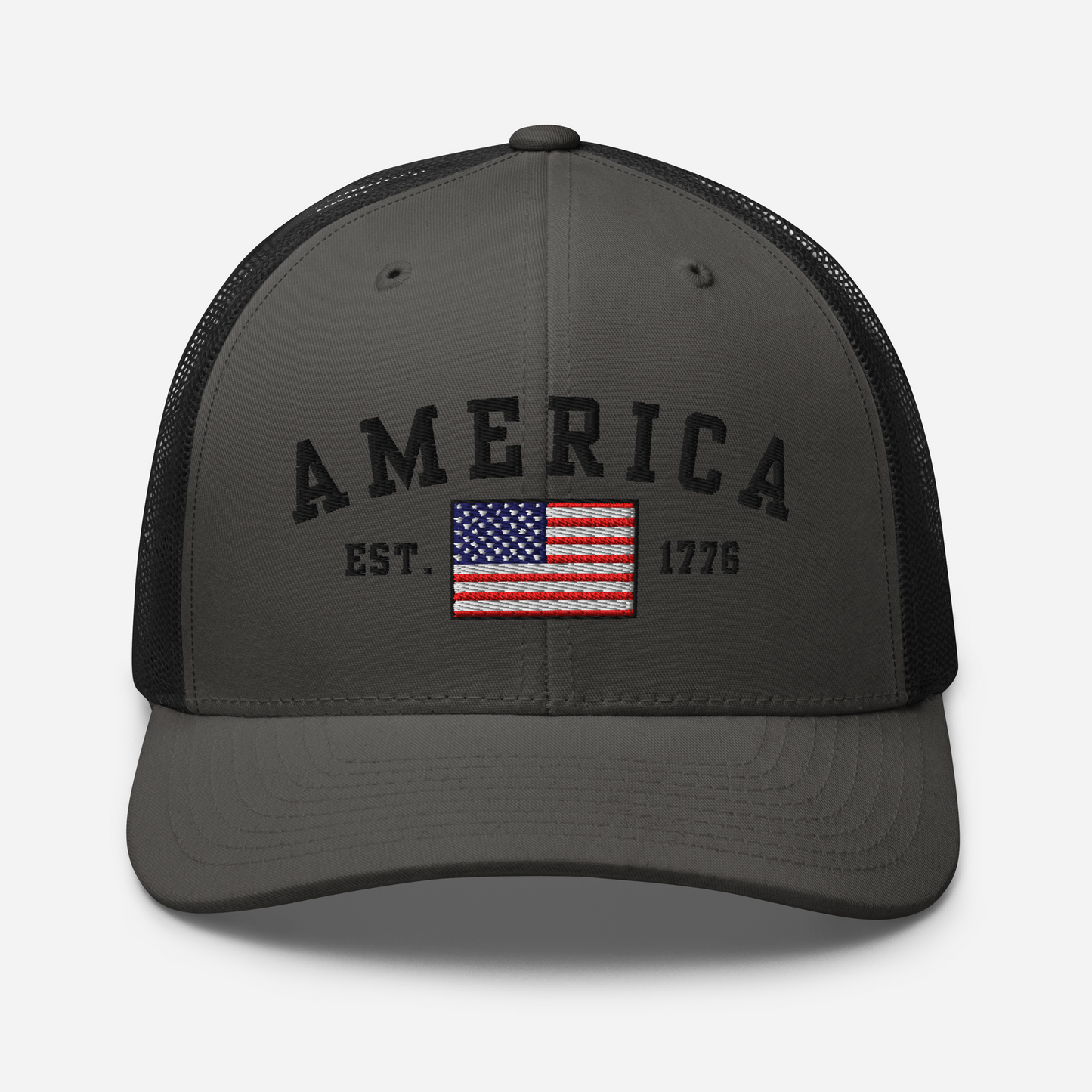 America Est. 1776 Trucker Hat – Black Embroidery, Patriotic Cap for Proud Americans, Perfect Gift for Freedom Lovers - Old Glory 1776 Apparel
