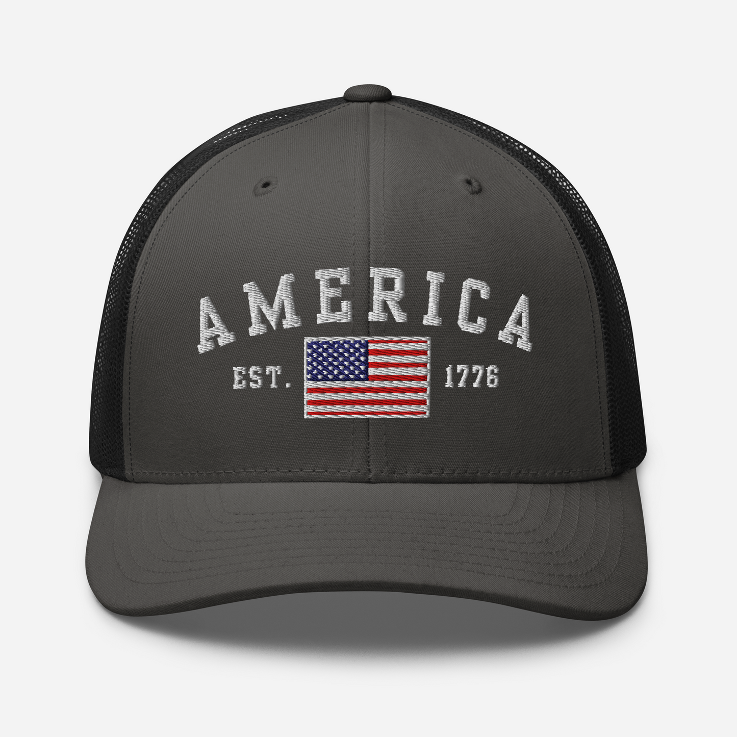 America Est. 1776 Trucker Hat – White Embroidery, Patriotic Cap for Proud Americans, Perfect Gift for Freedom Lovers - Old Glory 1776 Apparel