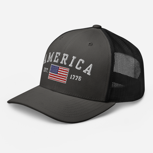 America Est. 1776 Trucker Hat – White Embroidery, Patriotic Cap for Proud Americans, Perfect Gift for Freedom Lovers - Old Glory 1776 Apparel